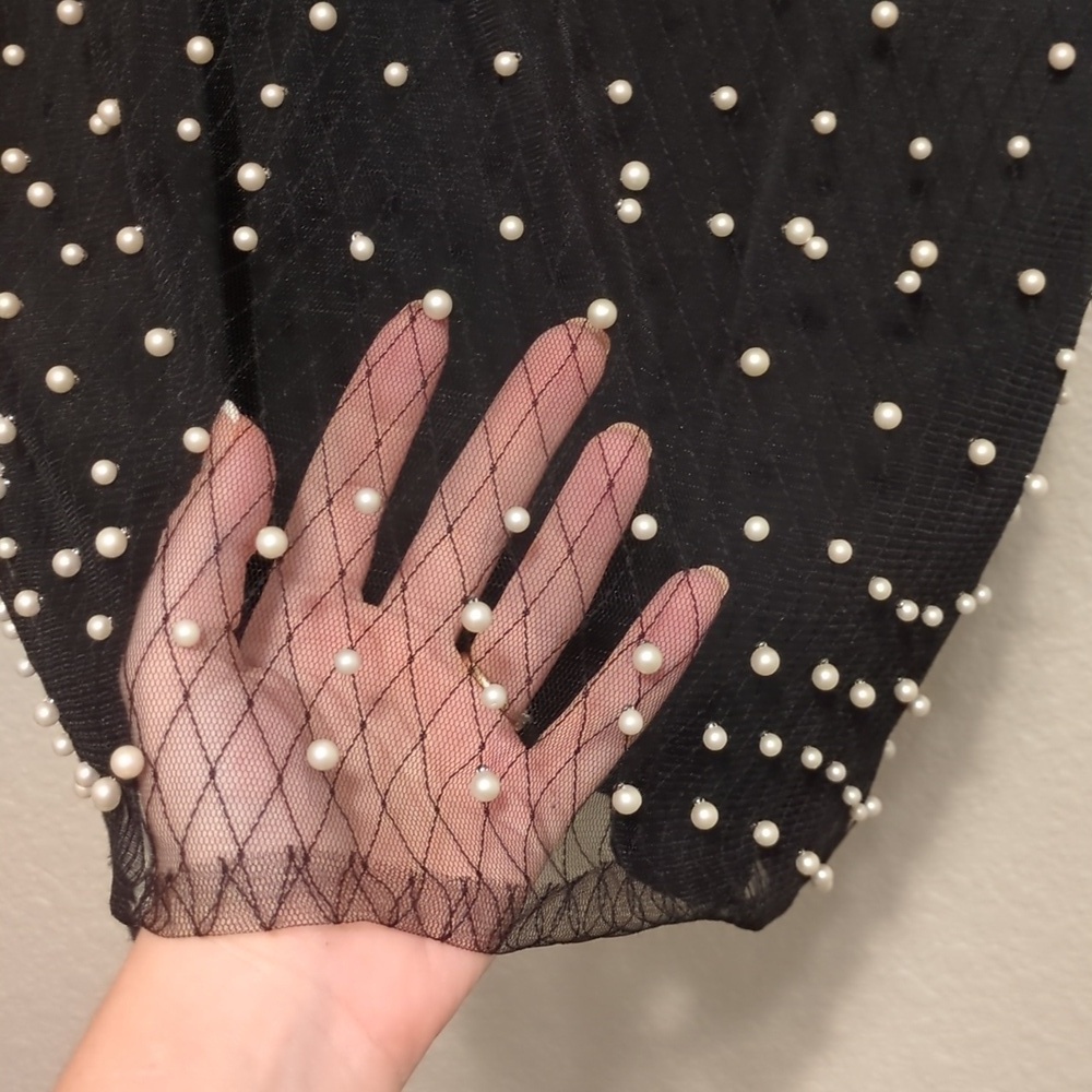 Forever 21 black faux pearl studded shoulder tie mini shift dress - Picture 3 of 8